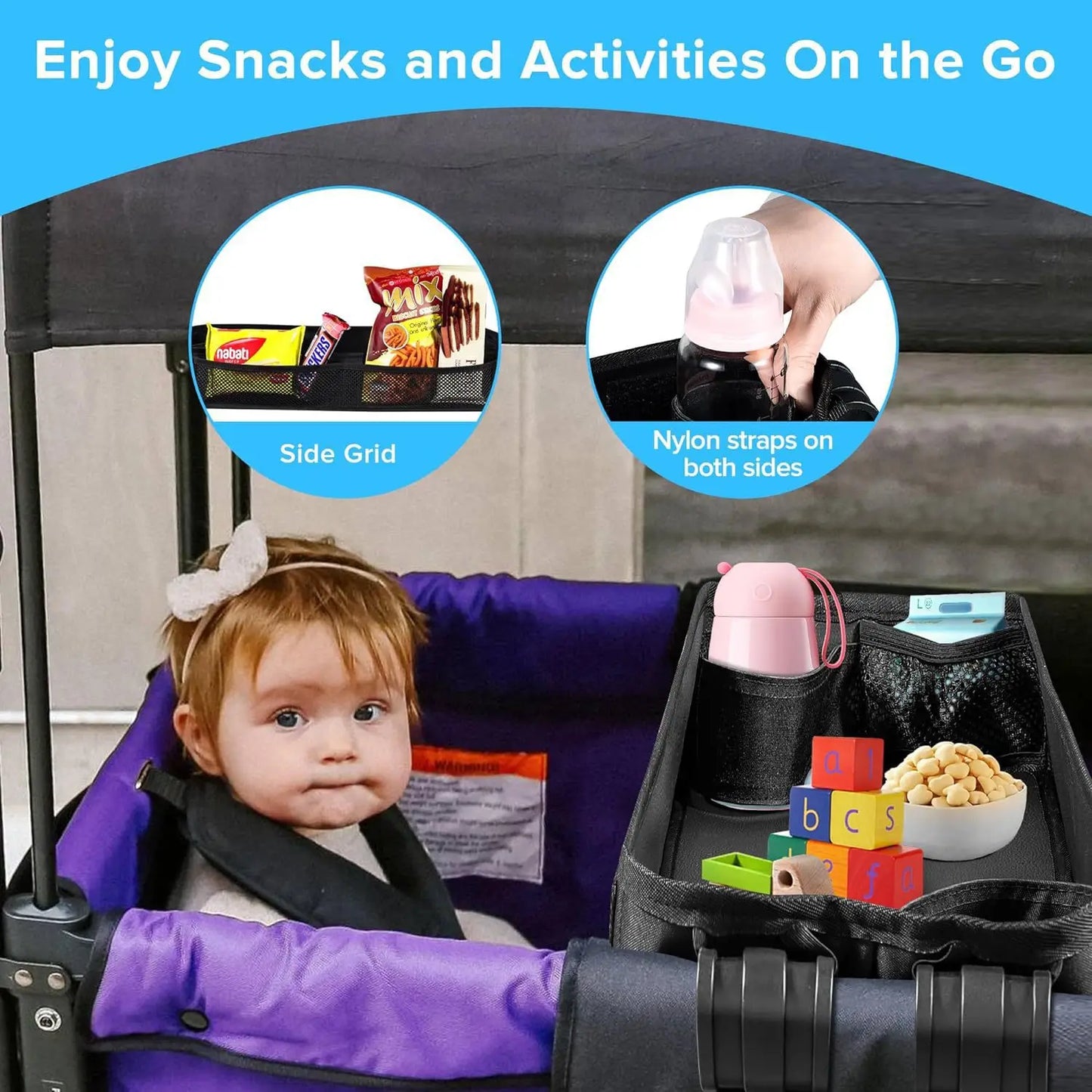 Double Sided Stroller Tray for Snacks & Activities Featuring Faux Leather Side for Eating, Polyester Side for Activities
