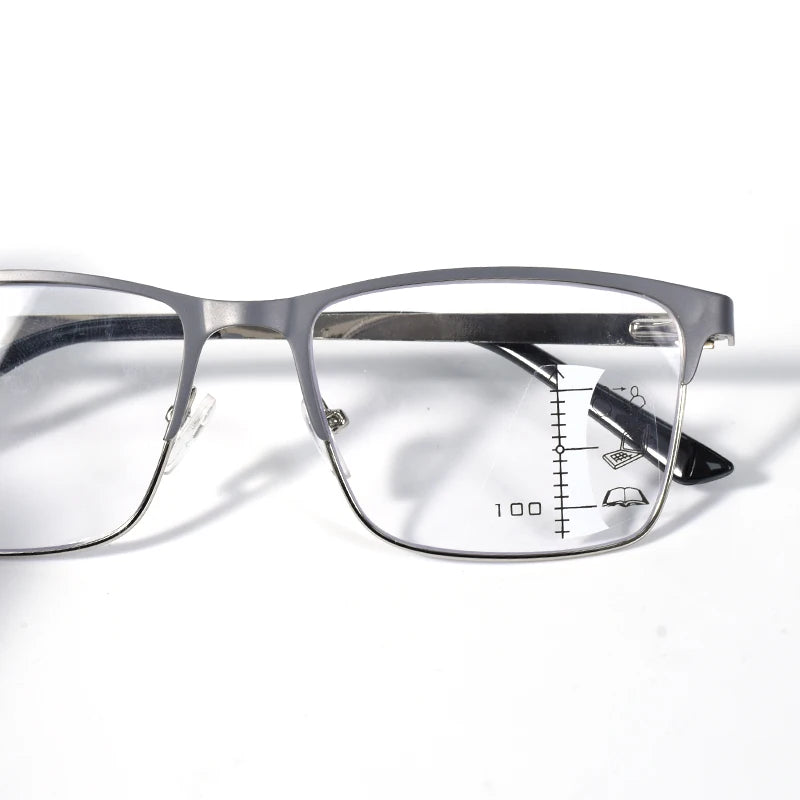 Double Color High Quality Multifocal Reading Glasses Men Women Stainless Steel Frame, Progressive Lens For Blue Light Blocking+1
