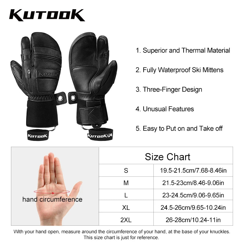KUTOOK Goatskin Leather Ski Gloves Mittens Waterproof Thicken Winter Snow Snowboard Gloves Thermal Warm Skiing Gloves for Men