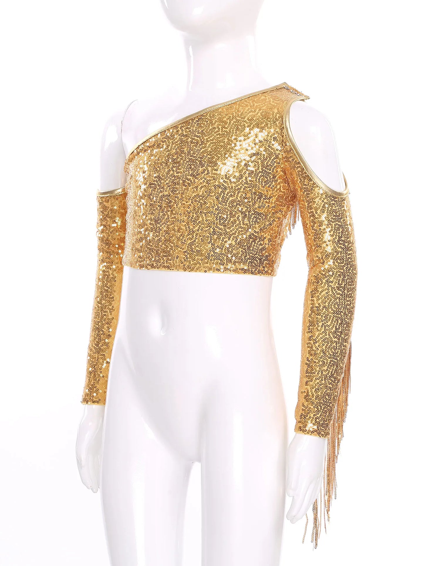 Children's One Shoulder Tassels Tops Streetwear Kids Girls Sequins Crop Top T-shirts Fashion Shiny Stage Performance Costume