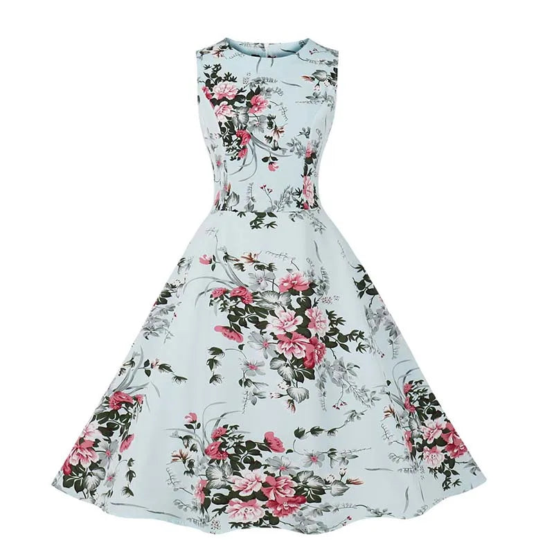 Sleeveless Floral Print Summer Dress Women Elegant Vintage Casual O Neck A Line Midi Party Sundress Vestidos With Belt