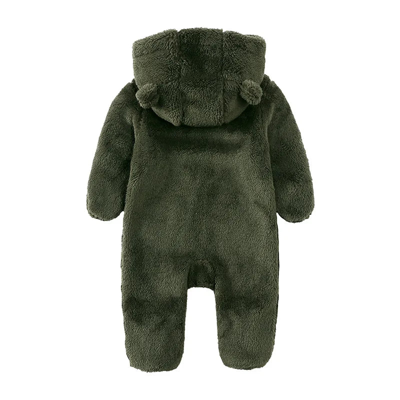 2025 Warm Footed Baby Romper Zipper Closure Fall Newborn Bear Ear Hooded Fuzzy Onesie Outfit Infant Boys Girls 100 Days Jumpsuit