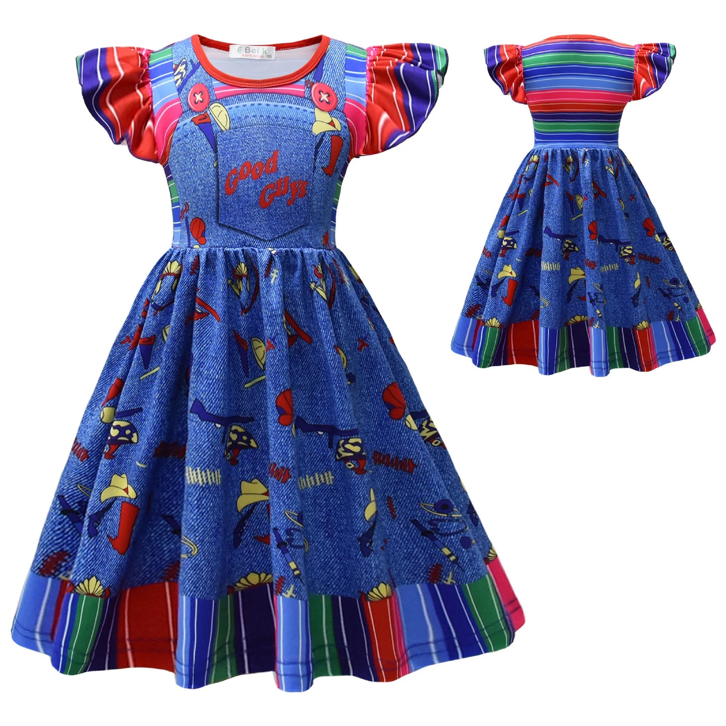 Horror Killer Movie Ghost Doll Disguise Costume Girls Printed Dress+Sticker Headwear For Children Halloween Party Outfit Sets