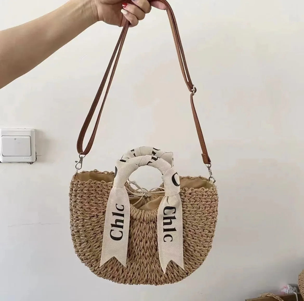 Hand Woven Straw Semicircle Tote Bag Large Capacity Handheld Crossbody 2-in-1 Beach Vacation Fashion Bag for Women