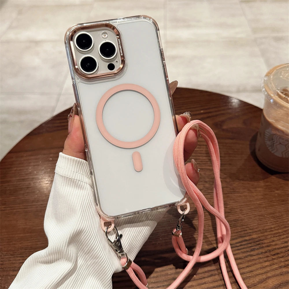 Crossbody Lanyard Necklace Transparent Magnetic For Magsafe Case for iPhone 17 15 11 12 13 14 16 Pro Max Plus Anti-lost Cover