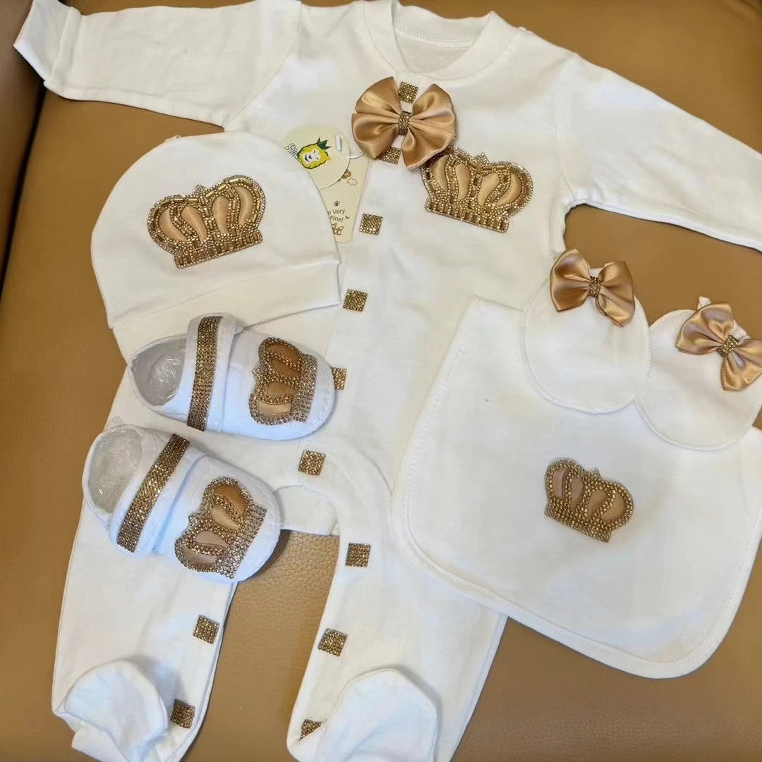 Dollbling Baptism Outfit Boy Prince Luxury Bling Christening Coming Home Romper Bonnet Set Mittens Nursery Hospital Clothing set