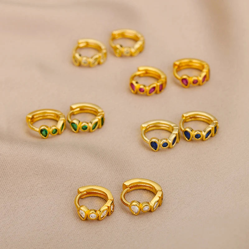 Mini Small Green Zircon Waterdrop Hoop Earrings for Women Gold Plated Stainless Steel Earrings Aesthetic Jewelry Wedding Gift