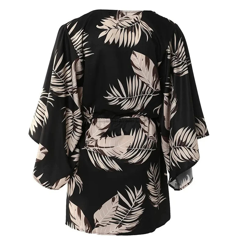 Women Casual Loose Dress Beach Boho Dress Fashion Vintage Print V Neck Drawstring Mini Dress Summer Dresses Robe Femme 2022