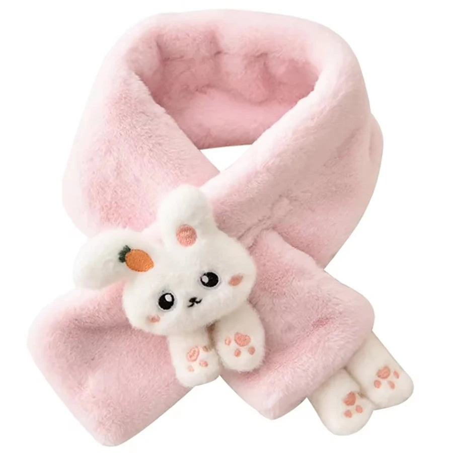 Girls Winter Warm Scarfs Thick Plush Cross Children's Scarf Baby Bib Cute Cartoon Rabbit Faux Fur Cross Neckerchief Protection S