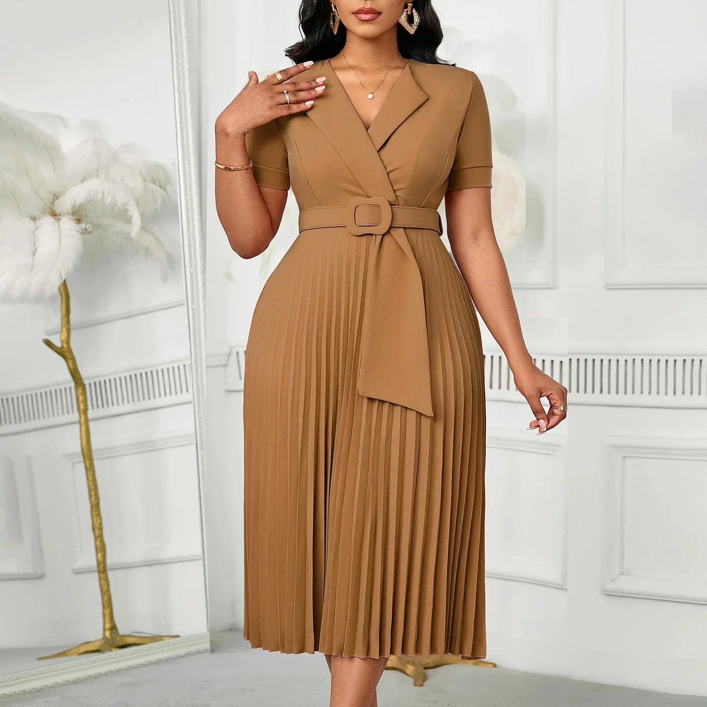 Sexy Short Sleeve V-Neck Elegant African Pleated Dress High Waist Midi Dress Fashionable Atmosphere Casual Elegant Style