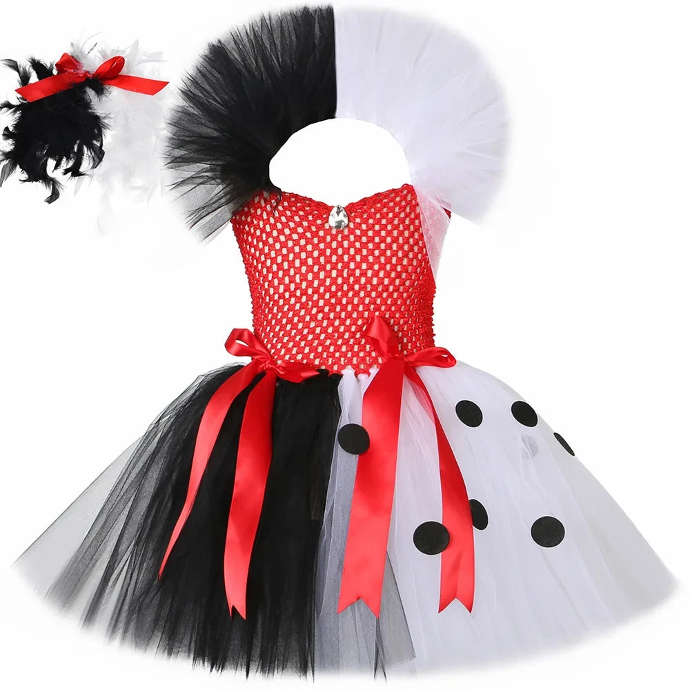 Halloween Crulla Cosplay Costume Cruella Tulle Dress Party Girls Black White Carnival Kids Cruella Wig Lace Mask Suit Clothes
