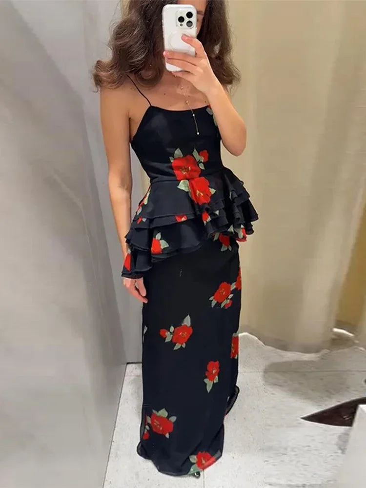 Sexy Flower Print Top Long Skirt Set Women Slim Ruffle Strap U-neck Top Loose High Waist Skirts  Fashion Summer Party Suit