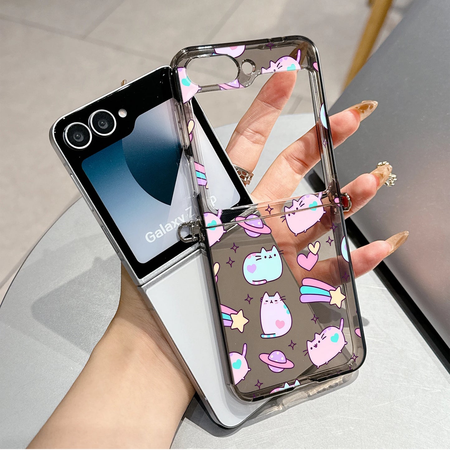 Cute Cartoon Funny Donuts P-Pusheens Cat Phone Case for Motorola Moto Razr 40 50 60 Ultra 5G Semi-transparent Foldable TPU Cover