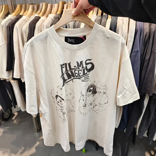 Men's Vintage Movie Print T-Shirt Paly Washed Graffiti Streetwear Loose Fit Cotton Tee