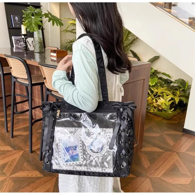 New Y2K Ribbon Bow Japanese Ita Shoulder Bag Cute Girl Transparent Pocket Large Capacity Crossbody Tote Bag DIY Display Handbags