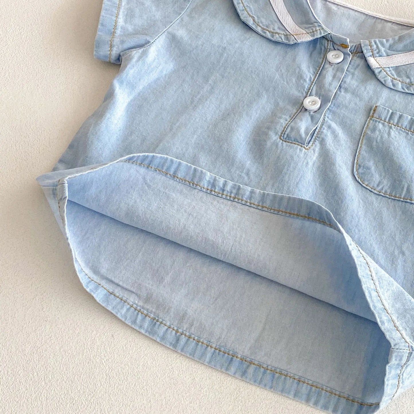 2025 Summer New  Korean Style Baby Short Sleeve Denim Set Sailor Collar Sleeve T-shirts Top Tees+Kid Shorts  two-piece set  0-4T