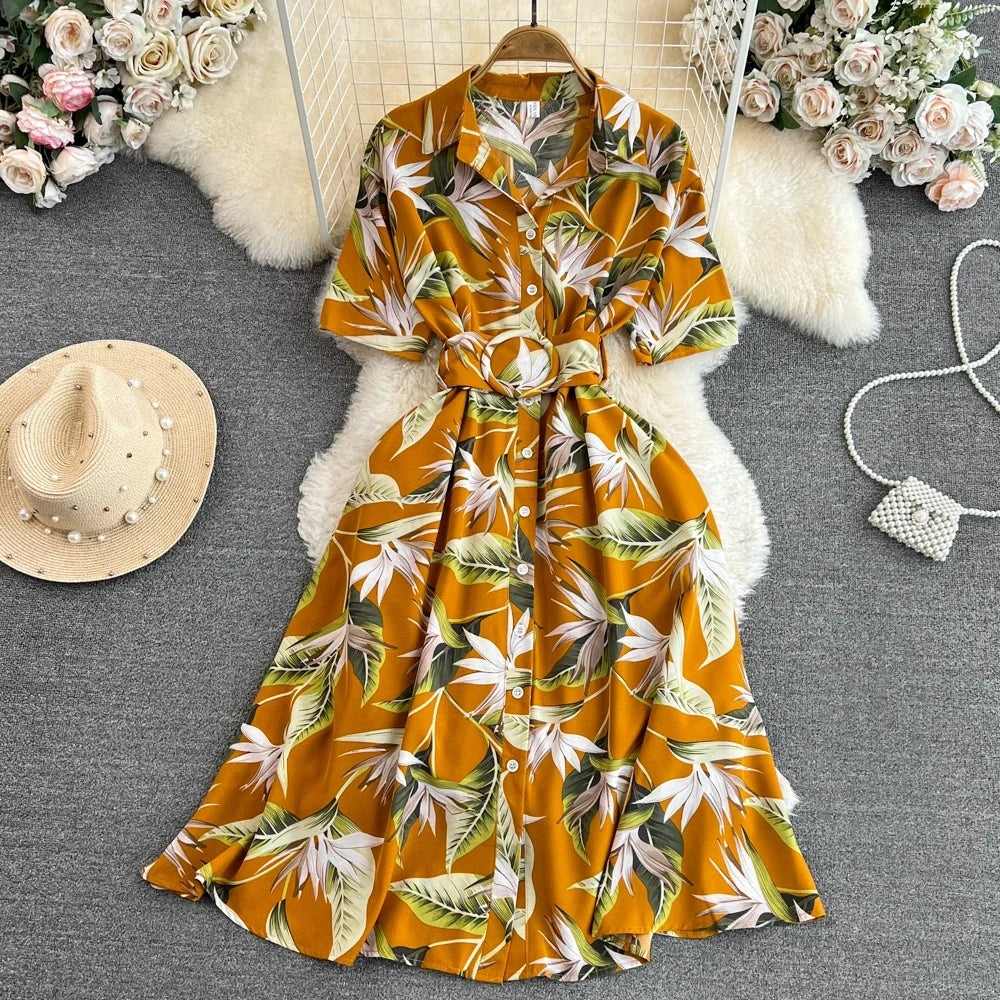 2024 New Summer Women Dress Fashion Print Floral A-line Shirt Dress with Belt Elegant Vintage Off Lady Dress Casual Vestidos
