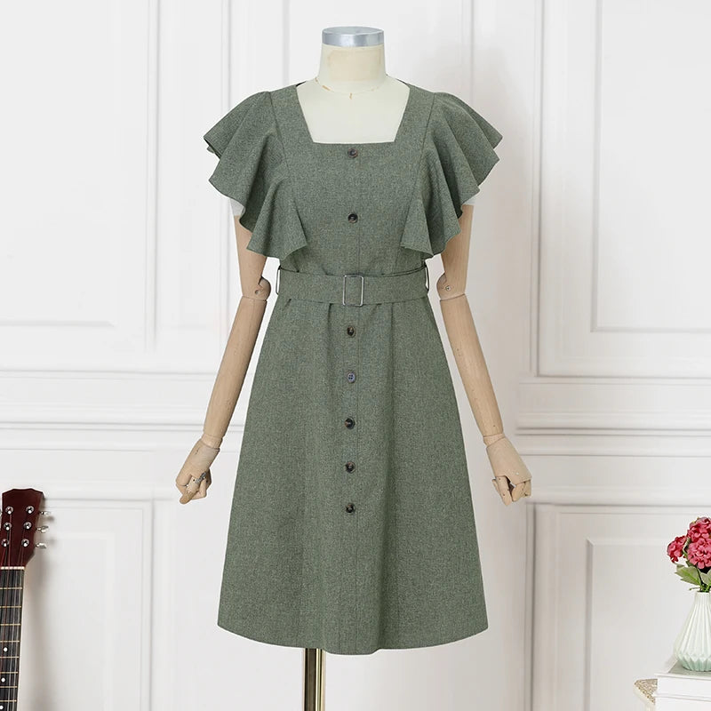 ZANZEA Elegant Women Office Lady Dress Summer Short Sleeve Ruffled Vestidos Casual Solid Color Square Collar Party Midi Sundress