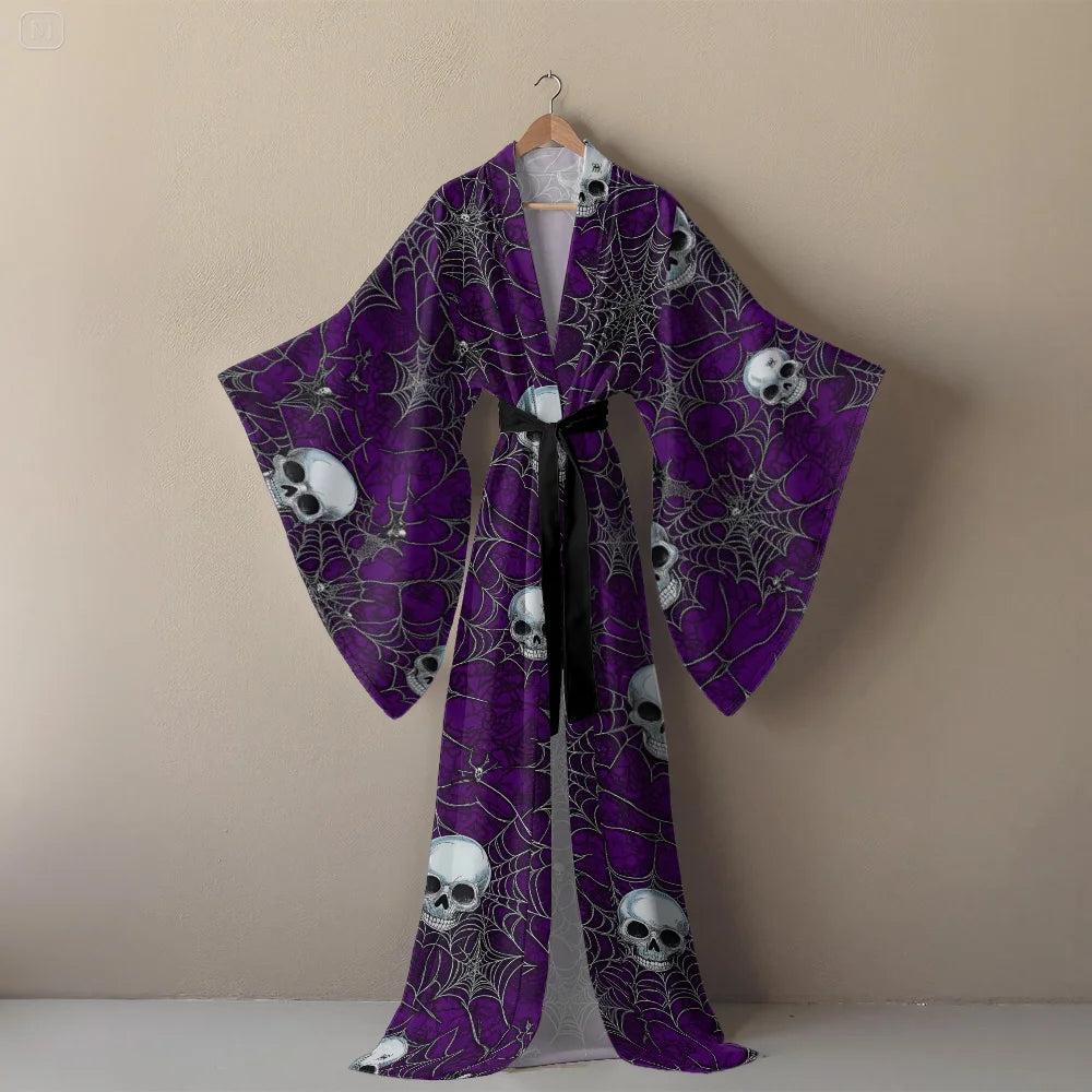 Halloween Sexy V-Neck Robe with Ghost Print High Slit & Bat Sleeves Kimono - Women's Party Costume Funny Cool Cosplay Wear
