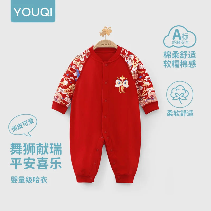 【Youqi】Chinese Baby Romper Autumn Style Full-Month Baby Red New Year Pure Cotton Jumpsuit Festive Hundred-Day Birthday Outfit