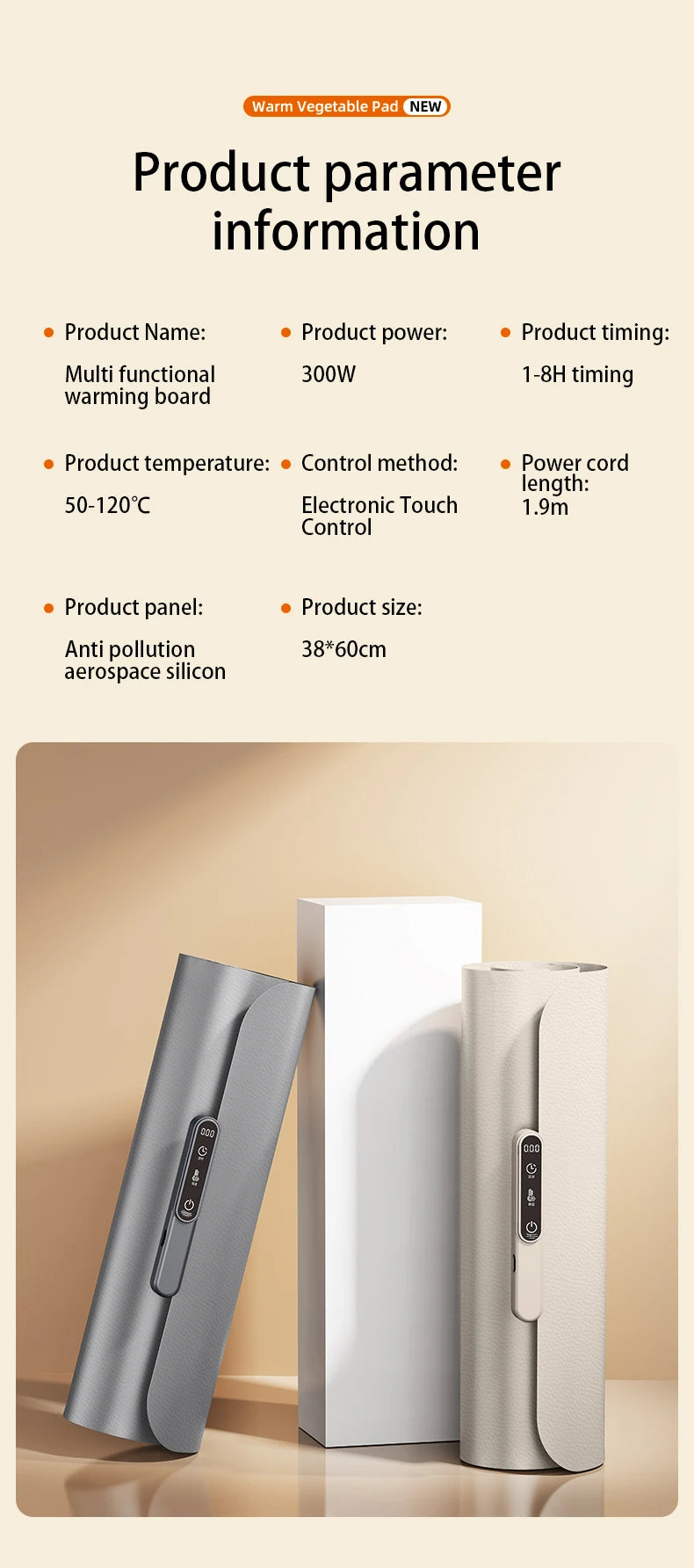 TINSOL Food Warmer Pad Foldable Silicone Heating Pad Portable Meal Cart Insulation Pad 8-Level Temperature Adjustment