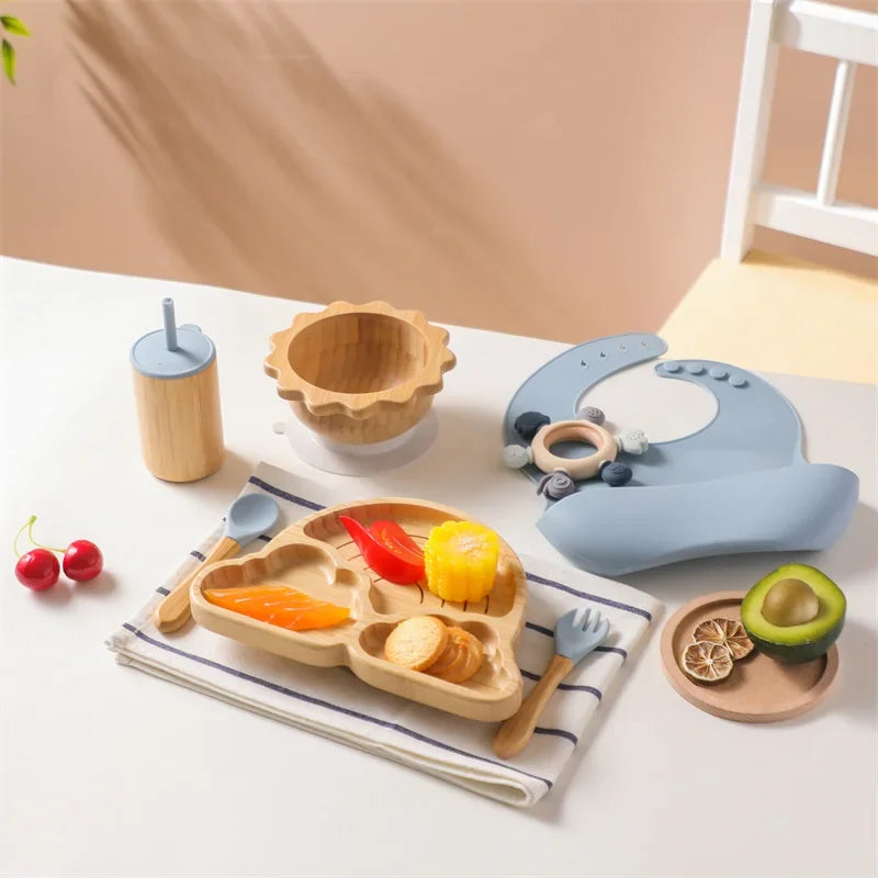 7pcs Silicone Baby Feeding Set Baby Feeding Supplies Kids Bamboo Dinnerware With Cup Children's Dishes Bowl Stuff Tableware Gift