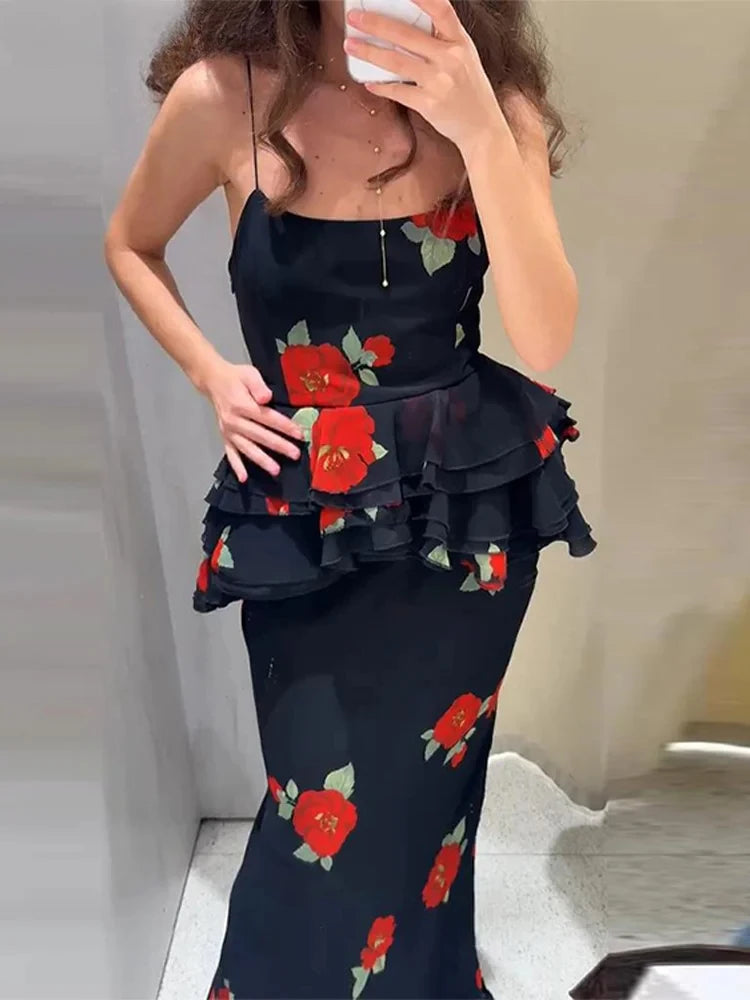 Sexy Flower Print Top Long Skirt Set Women Slim Ruffle Strap U-neck Top Loose High Waist Skirts  Fashion Summer Party Suit