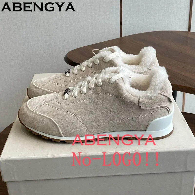 New Winter Wool Sneakers Women Suede Leather Lace Up Flat Casual Shoes For Women Mules Round Toe Bead Walk Fur Shoes Ladies