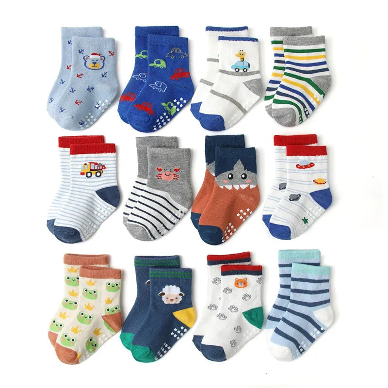 12 Pairs/Lot Cotton Baby 's Floor Socks Boys Girls Non-slip Boat Low Cut Sock with Rubber Grips 1-5Years