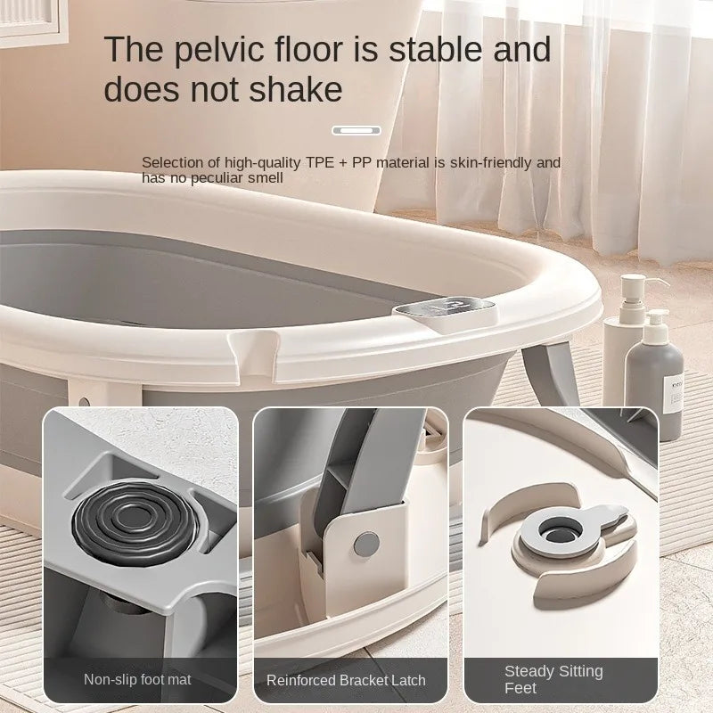 Baby Bathtub WIth Nonslip Lines Collapsible Space Saving Baby Lying Sitting with Seat Support Cushion Stand Folding Baths