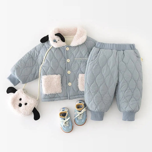 2025 Winter New Baby Warm Clothes Set Boys Girls Cute Lapel Padded Jacket + Pants 2pcs Suit Plus Velvet Thick Infant Outfits