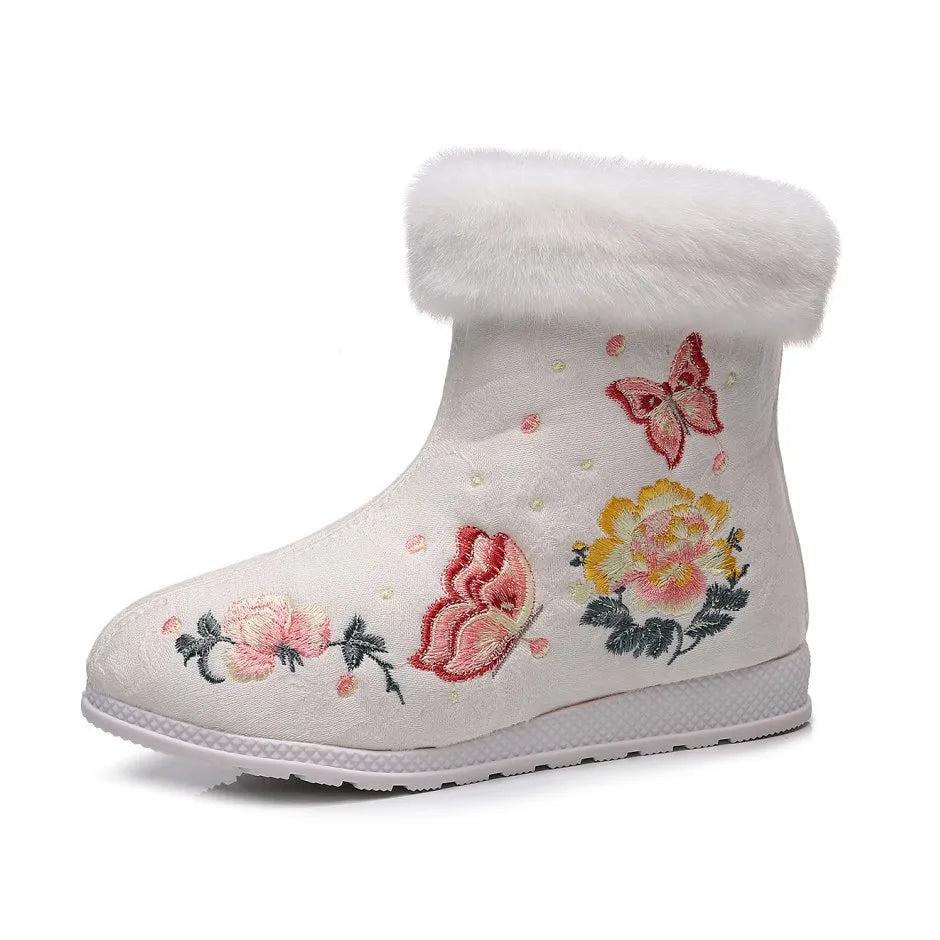 Winter Fashion Shoes Embroidered Fur Boots For Woman Bota Ancient Costume Botines Para Mujeres Hanfu Women's Boots Botas Mujer