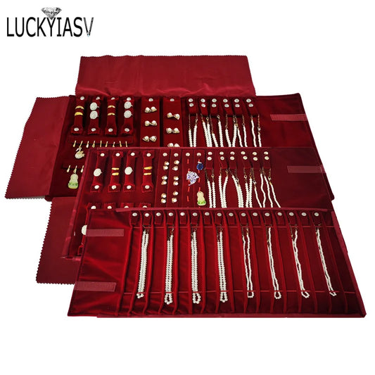 Burgundy Velvet Jewelry Roll Bag Portable Foldable for Necklace Earrings Ring Travel Exhibitions Organizer Storage Bag