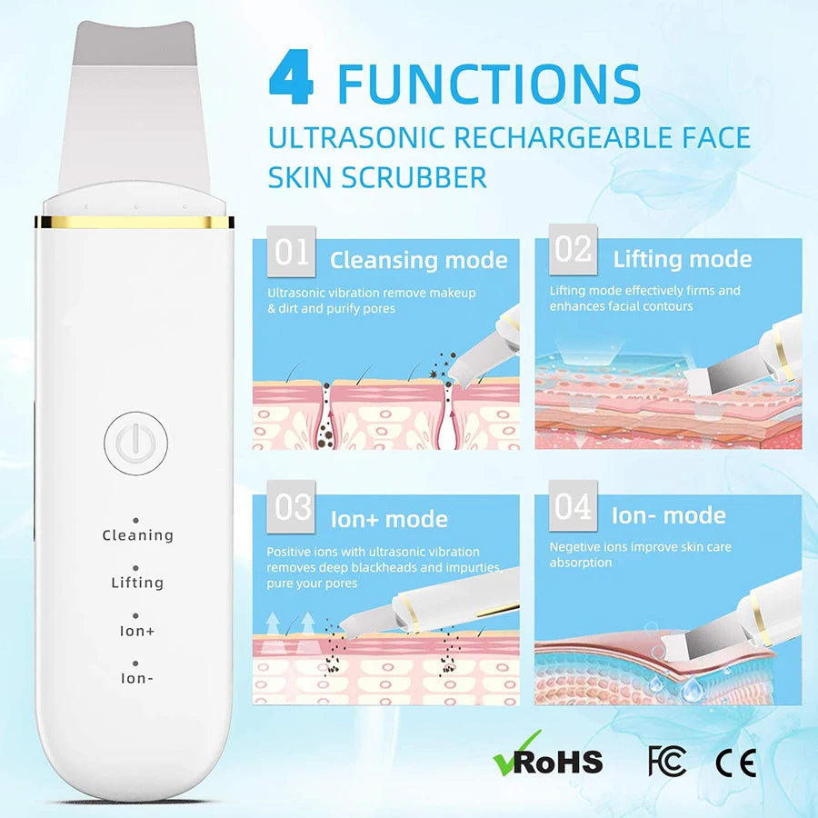 Ultrasonic skin scrub, facial skin cleansing, pore blackhead cleaning machine, and skincare tools for deep facial cleansing