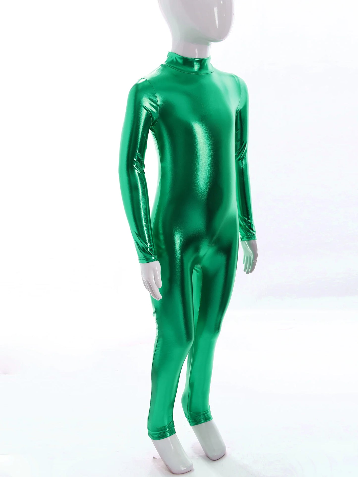 Kids Boys Girls Dance Metallic Jumpsuit Children's Gymnastics Bodysuit Performance Costume Long Sleeve Full Length Leotard