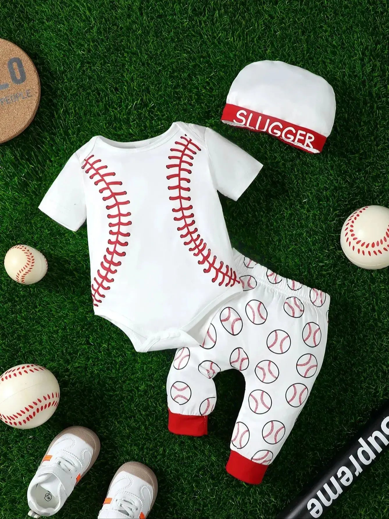 Baby boy casual short sleeved sports baseball printed jumpsuit and baseball printed pants (including hat) summer