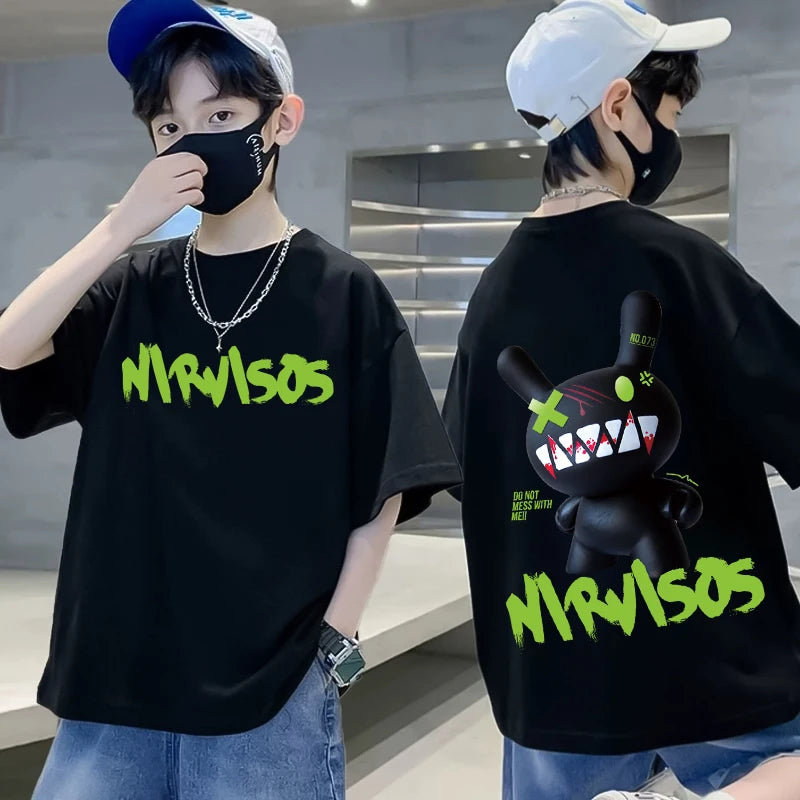 100% Cotton Boys T-shirt Summer Streetwear Cool Graffiti Print Girls Tees Short Sleeve Children Tops High Quality Kids Clothes