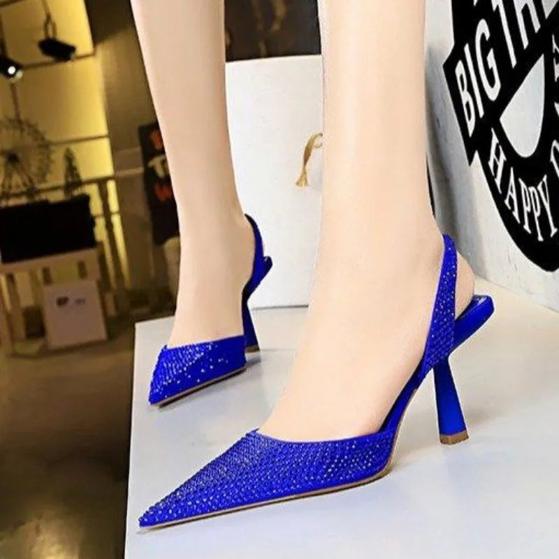 Gold Women Heels Sandals 2024 Summer Crystal Pointed Toe Female Stiletto African Party Rhinestone Shallow Slip on Heel Shoes