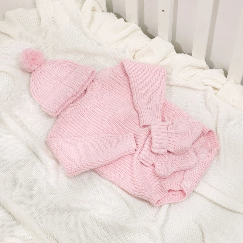 Cosy Infant Knitwear Soft & Comfortable Baby Jumpsuit Set with Matching Bonnet Hat and Booties Socks for Daily Comfort