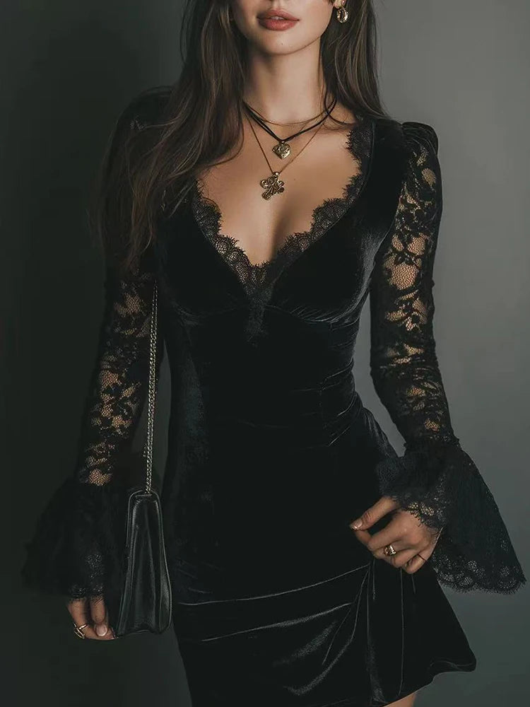 Women's Elegant V-neck Long Sleeve Mini Dress Fashion Hight Waist Slim Short Dresses Sexy Lace Splicing Solid Color Party Dress