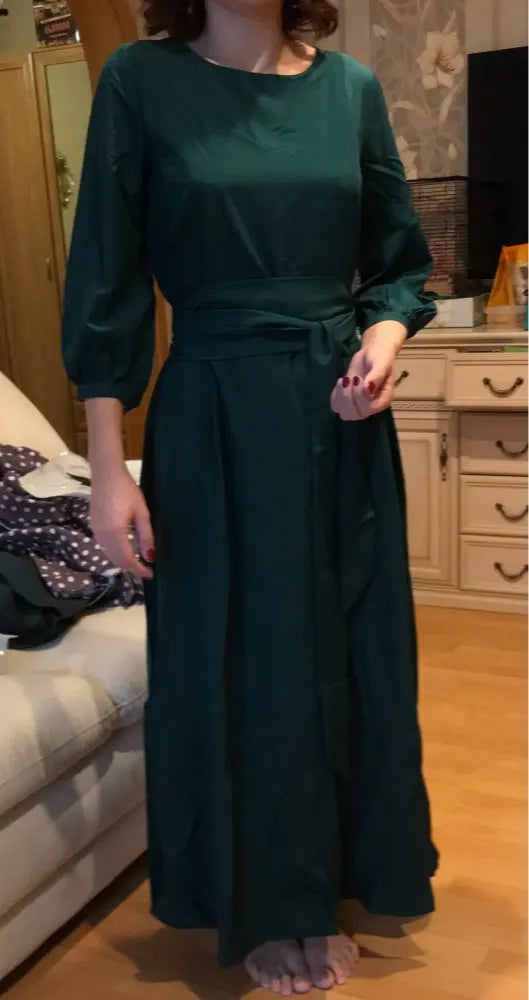 Bohemian Long Summer Dress Casual Lantern Sleeve round Neck Dress Polyester Fiber Mid Waist Print Patchwork Urban Casual Style