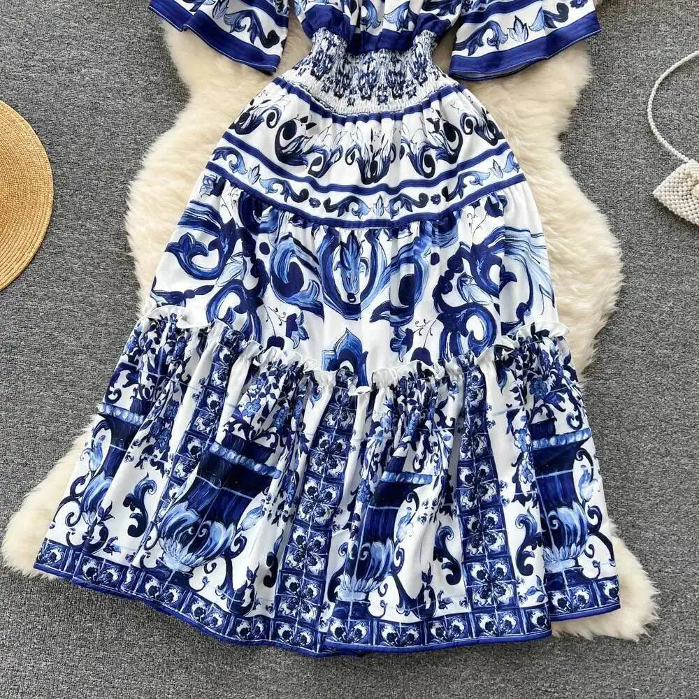 JAMERARY Summer Runway Blue White Porcelain Print Midi Dress Women's Straps Flare Sleeve Elastic Waist Cotton Floral Vestidos