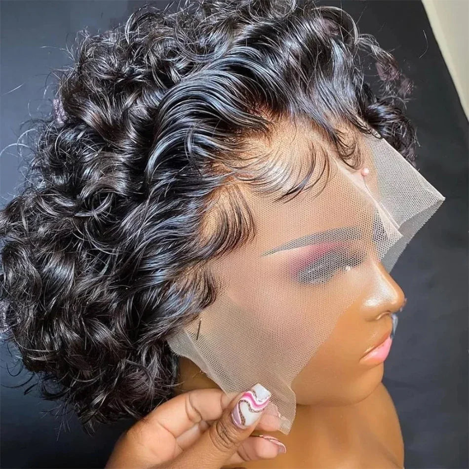 12A Side Part Pixie Cut Water Curly Wig Malaysia Hair Short Bob Hair Wig Virgin Hair 13x4 Lace Frontal Hair Wig Natural Color