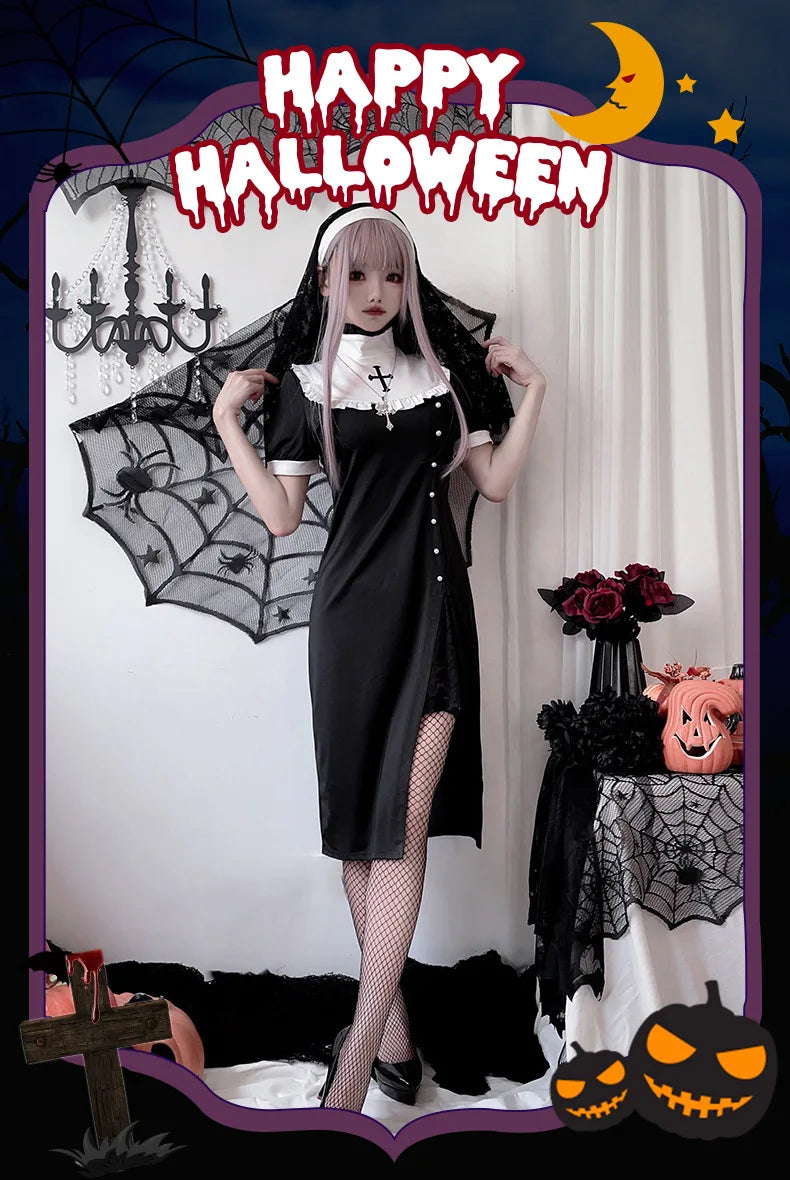 [You're My Secret] 2026 Halloween Cosplay Costumes Women's Vampire Costume Gothic Nun's Clothing Sexy Lace Slim Fit Black Dress