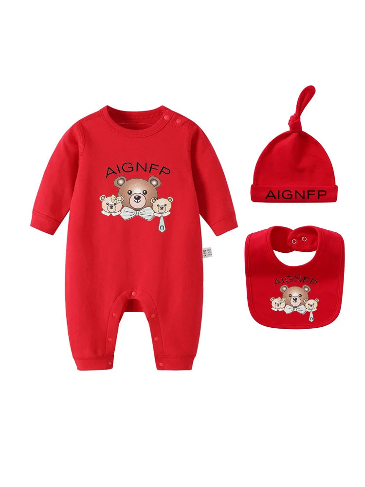 Cute Bow Bear Romper Newborns Clothes Autumn 2025 Hot Sale New Toddler Jumpsuit Hat Bib scarf Set Baby Girls Long sleeves Romper