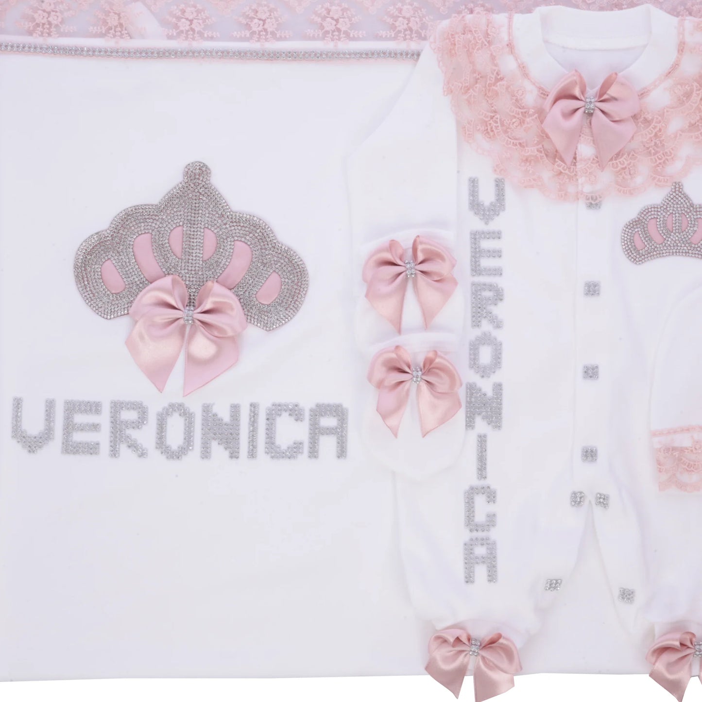 5pcs Newborn Baby Embroidery Lace Romper Outfit Clothing Cotton Infant Wrapped Baby Products Pants Mittens Receiving Blanket