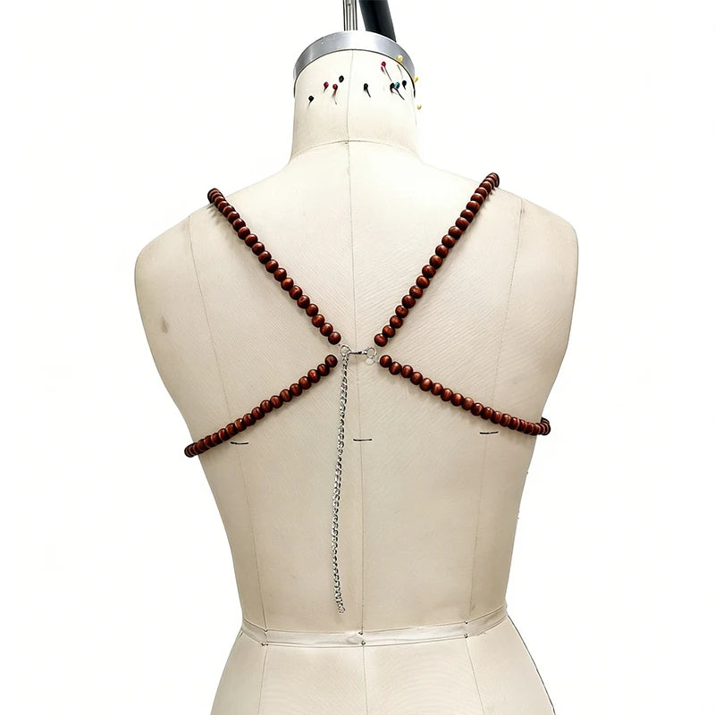 2026 New Arrival Women Brown Hand-beaded Bra Top Bikini Cover Up Statement Body Chain Wooden Beaded Top