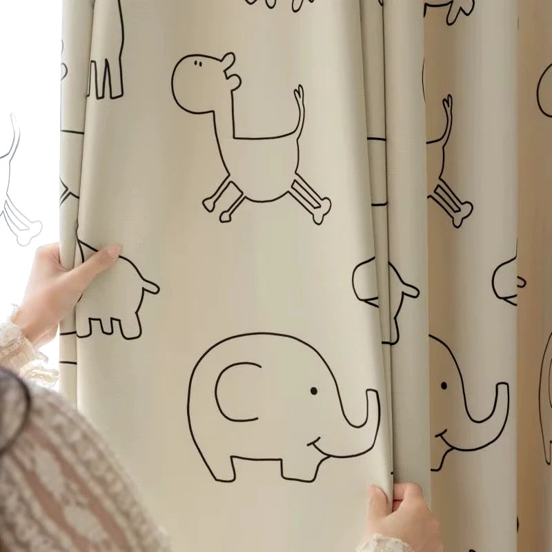 Cartoon Animals Pattern Semi-Blackout Curtains for Kids Bedroom, Beige Window Treatment Drapes for Boy Girl Window Nursery Room