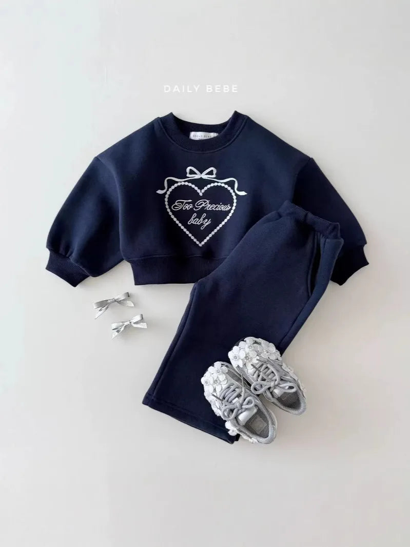2025 Spring New Children Long Sleeve Clothes Set Baby Girls Heart Embroidery Sweatshirt + Pants 2pcs Suit Kids Sports Outfits