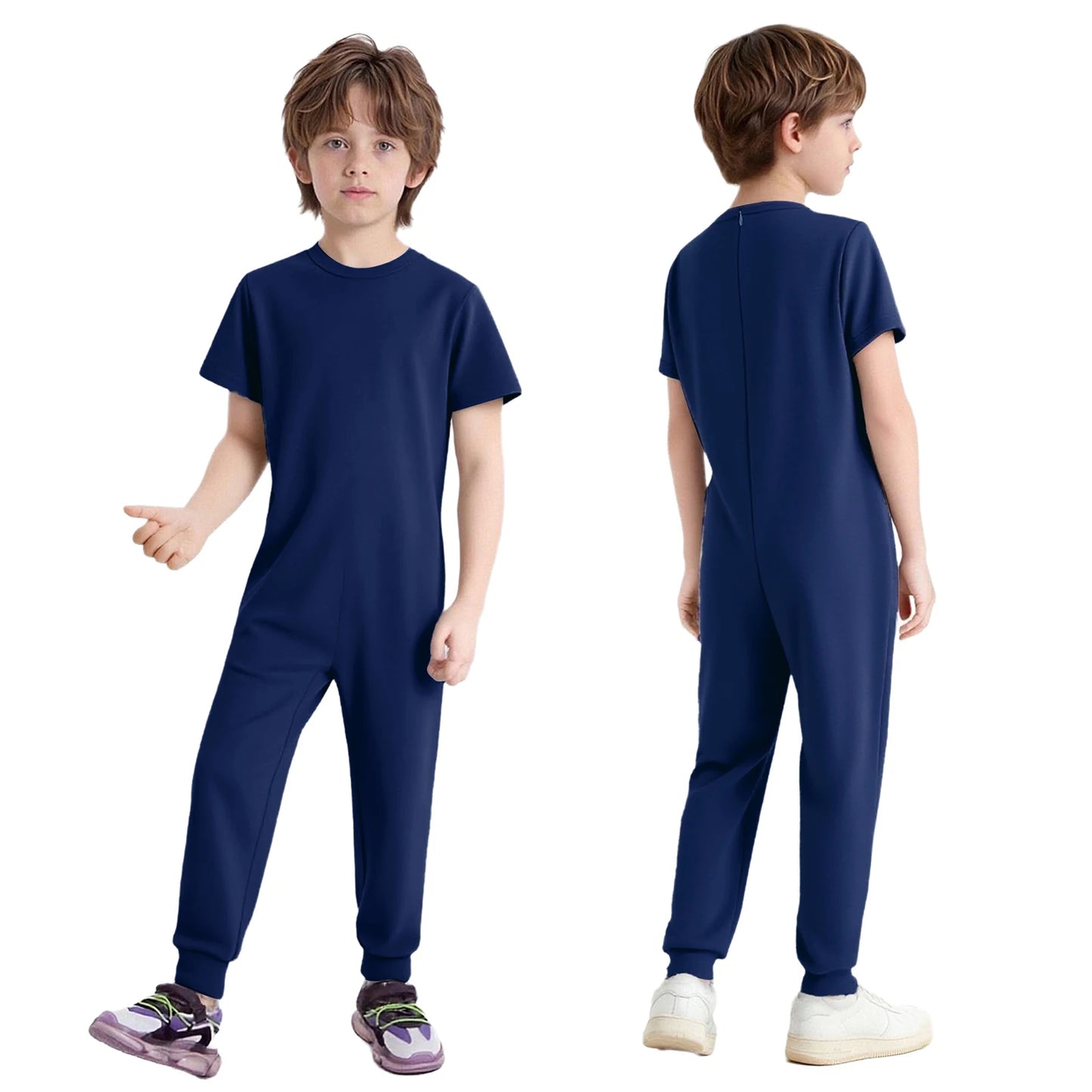 Kids Boys Girls Special Needs Adaptive Clothing Cotton Round Neck Short Sleeve Back Zipper Solid Color Full Body Jumpsuit Romper